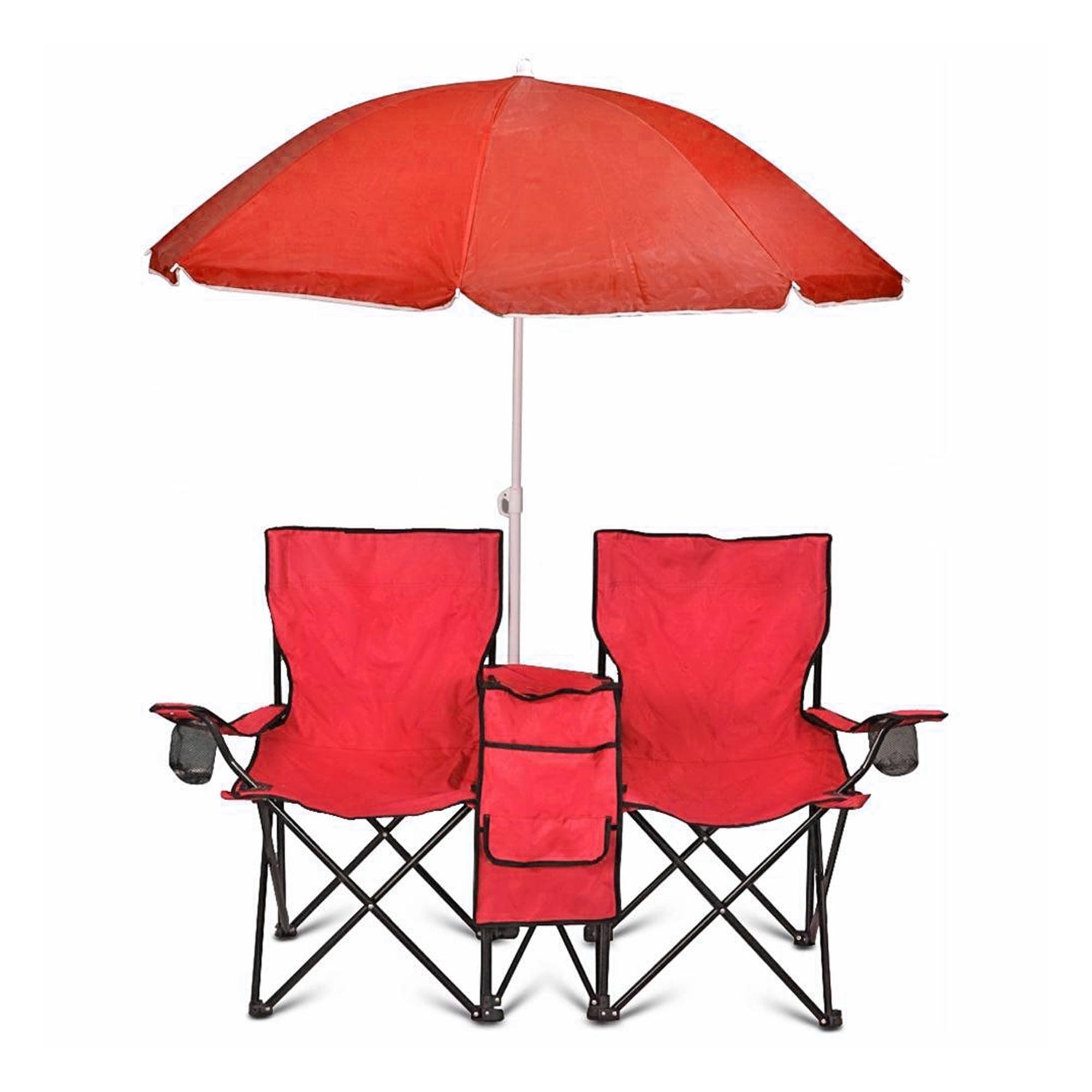 GoTeam Portable Double Folding Chair w/Removable Umbrella, Cooler Bag and Carry Case - Red