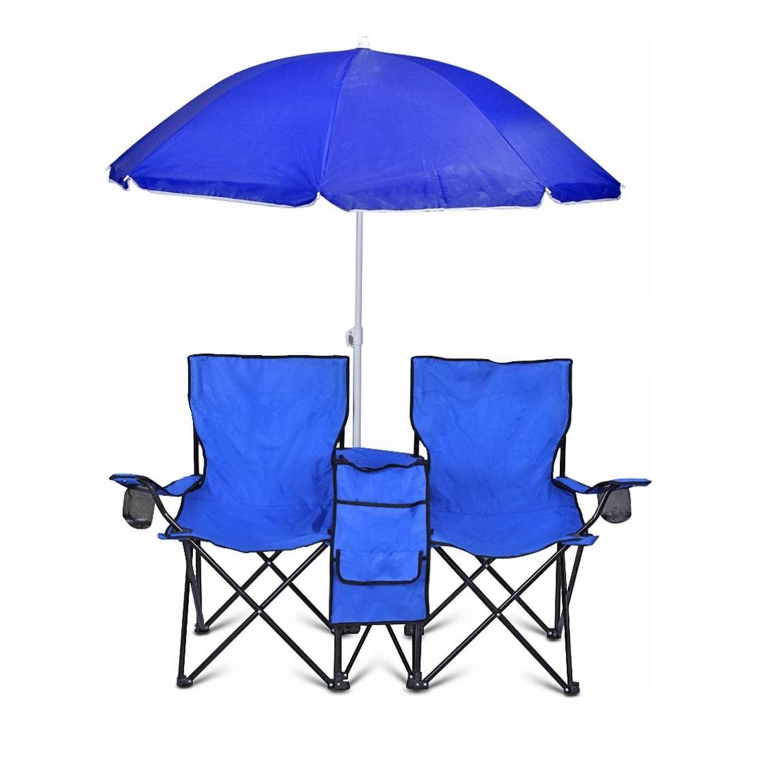 GoTeam Portable Double Folding Chair w/Removable Umbrella, Cooler Bag and Carry Case