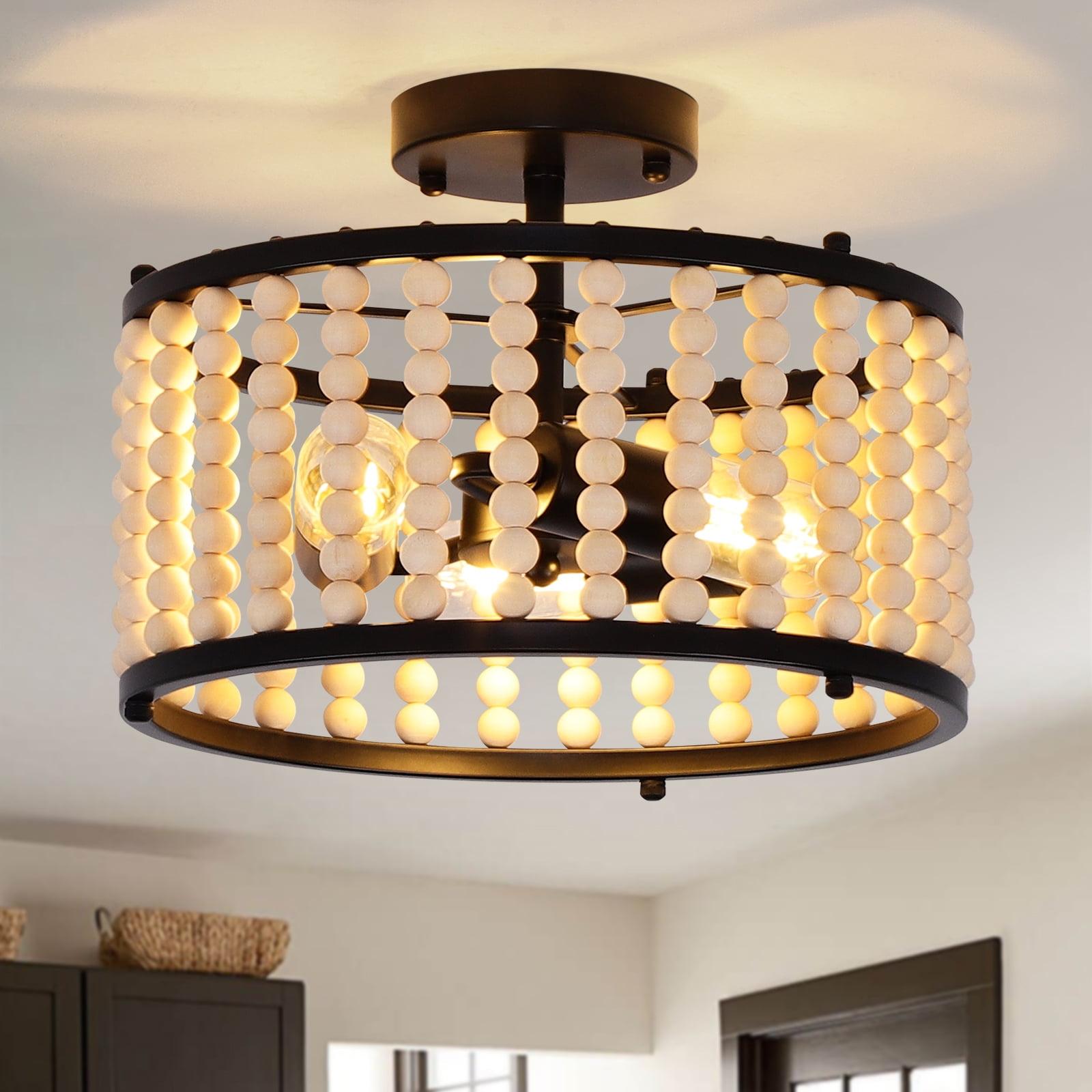 GoYeel Semi Flush Mount Ceiling Light Fixtures 3-Light Wooden Beaded Chandeliers Farmhouse Black
