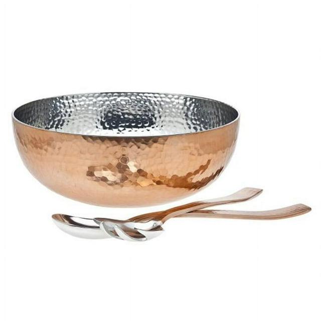 Classic Hammered Copper Salad Serving Bowl with Utensils