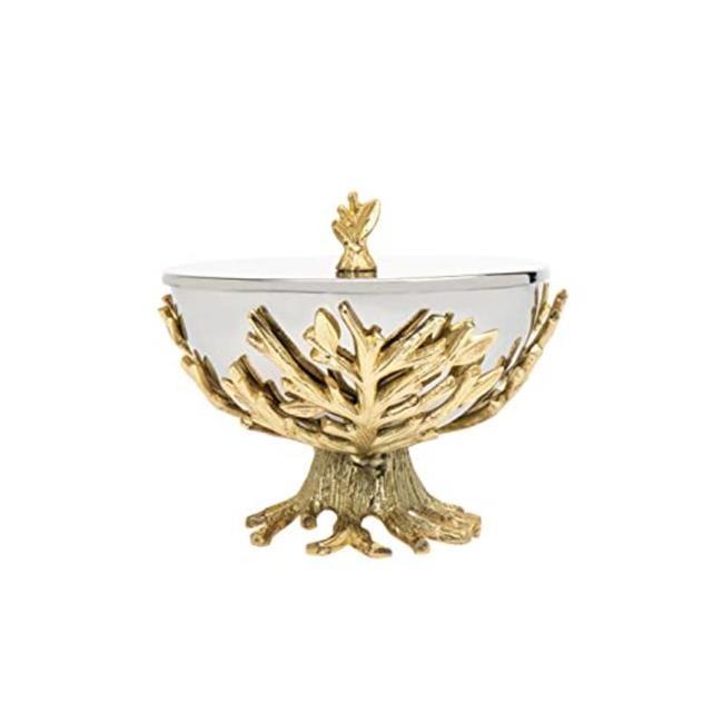 Golden Branch Glass and Metal Bowl with Lid