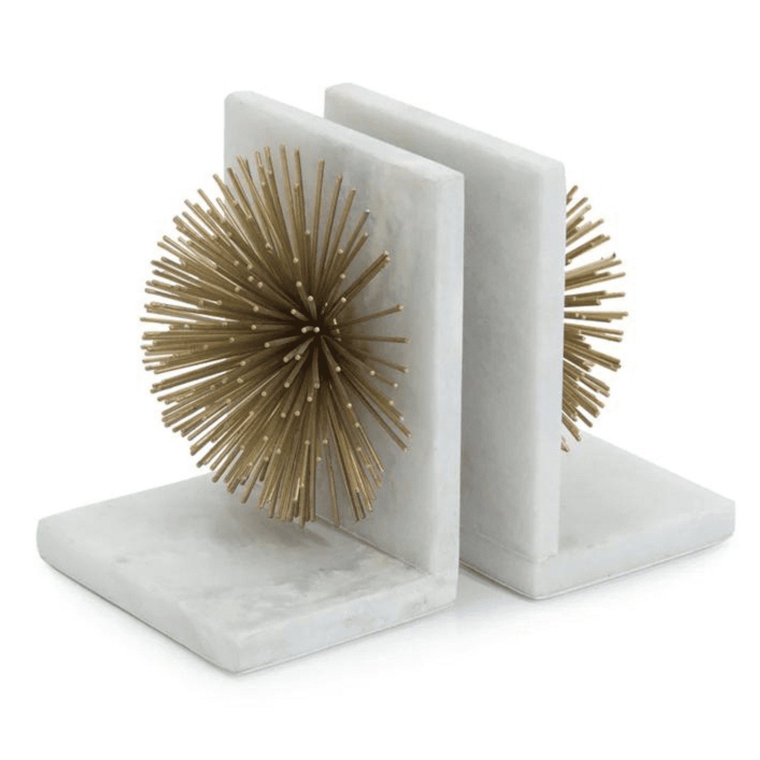 Gold Burst White Marble Bookends with Radiant Design