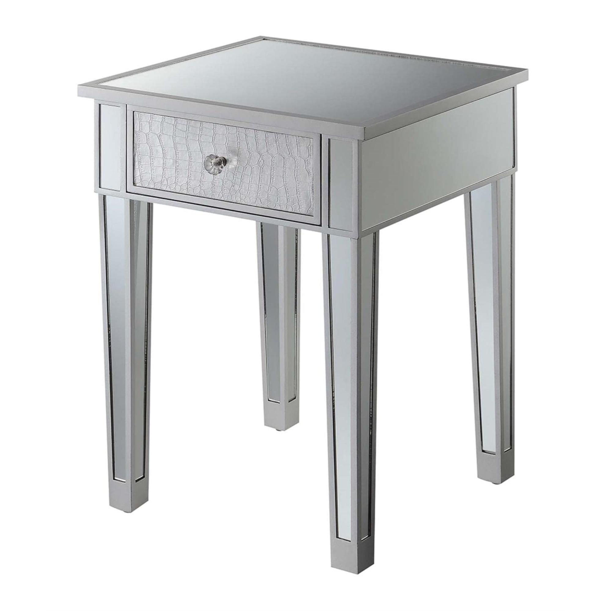 Silver Mirrored Glass and Gray Wood End Table with Drawer