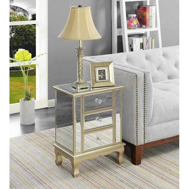 Gold Coast Vineyard 3 Drawer Mirrored End Table In White Wood and Mirrored Glass