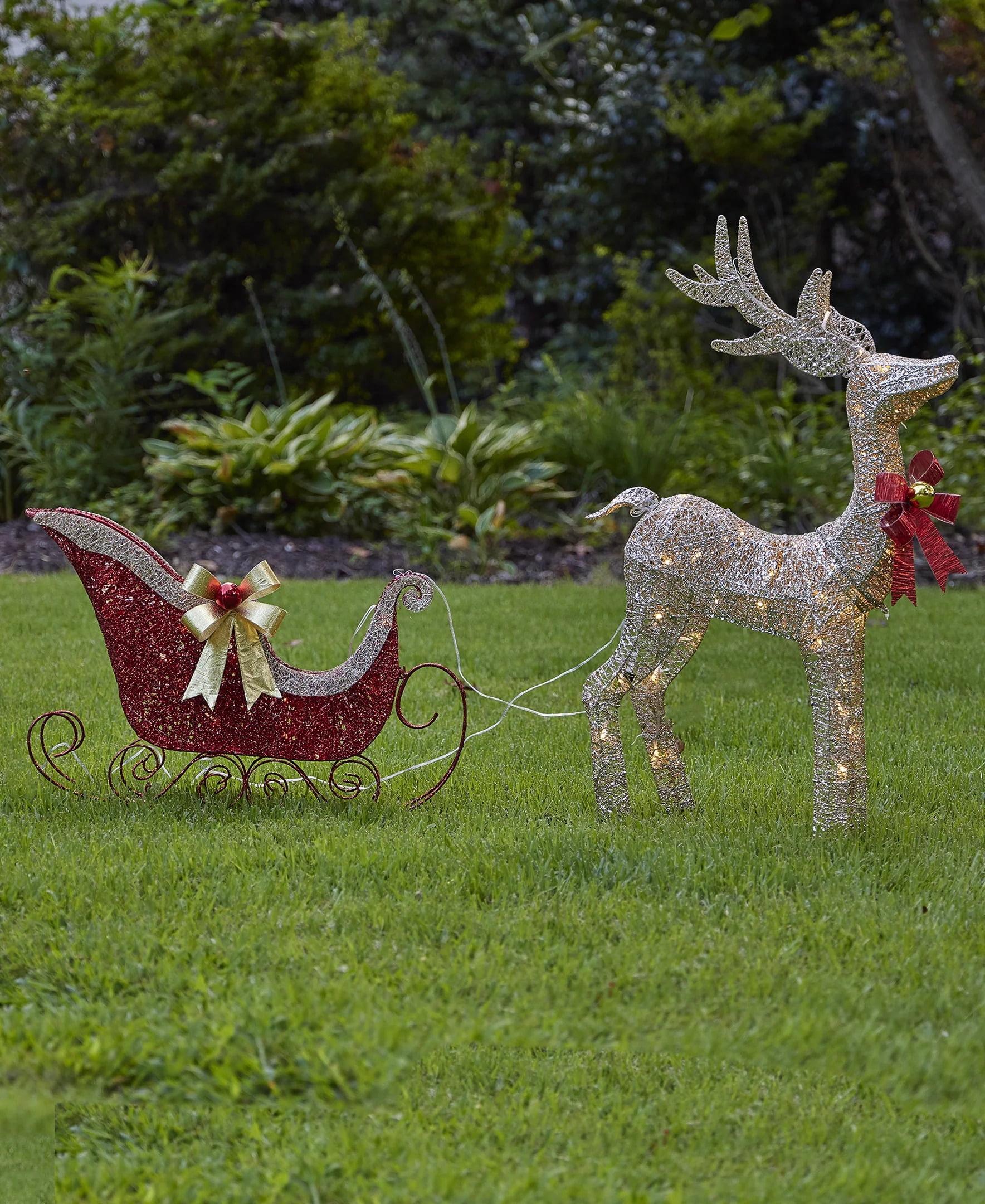 Christmas Pre-Lit Gold Glitter Reindeer & Sleigh Set