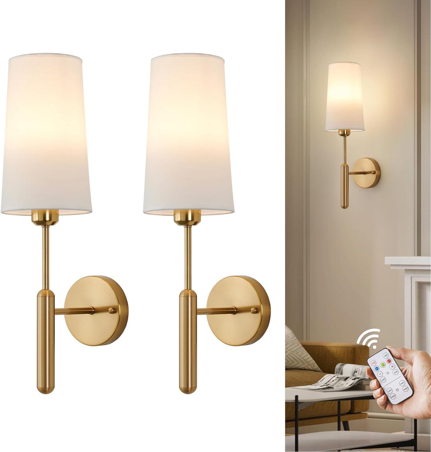 Rechargeable Wireless Wall Sconces Set Of Two, Dimmable Battery Operated Wall Lights With Remote, Gold Electroplating, RGB 15 Colors, Ideal For Bedroom And Living Room