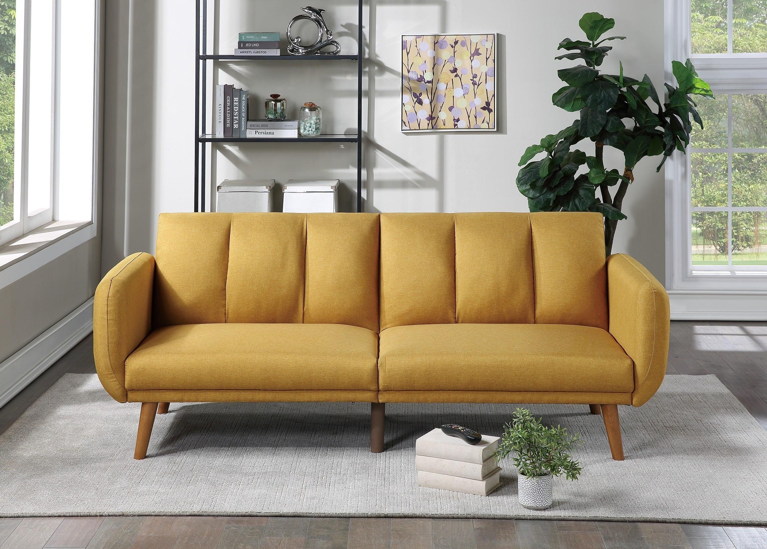 Mustard Faux Leather Tufted Sleeper Sofa with Wooden Legs