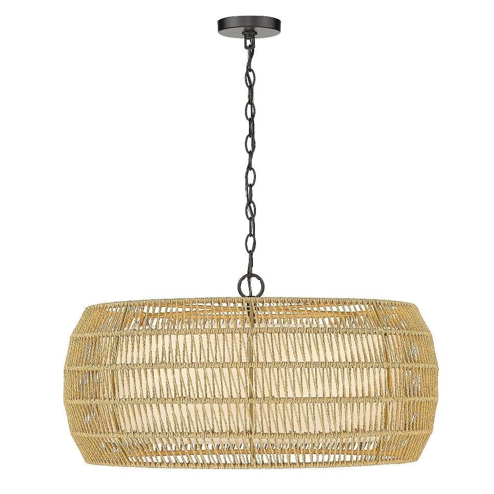 Natural Rattan and Black Steel 6-Light Drum Chandelier