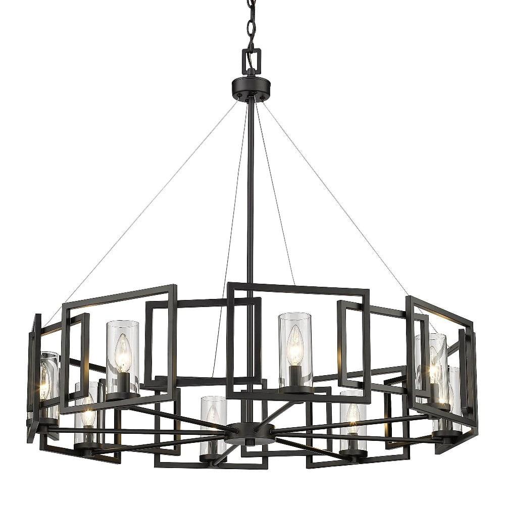 Matte Black Contemporary 8-Light Chandelier with Clear Glass Cylinders