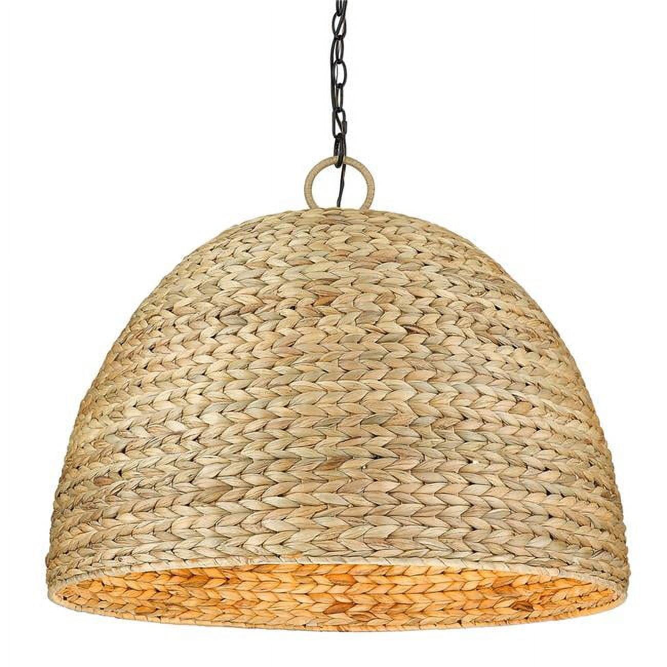 Matte Black and Woven Sweet Grass Dome Pendant Light