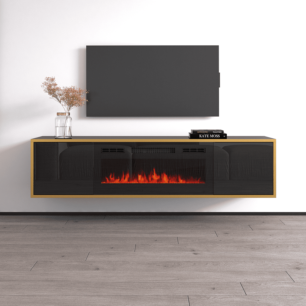 Black High Gloss Floating TV Stand with Electric Fireplace and Storage Cabinets