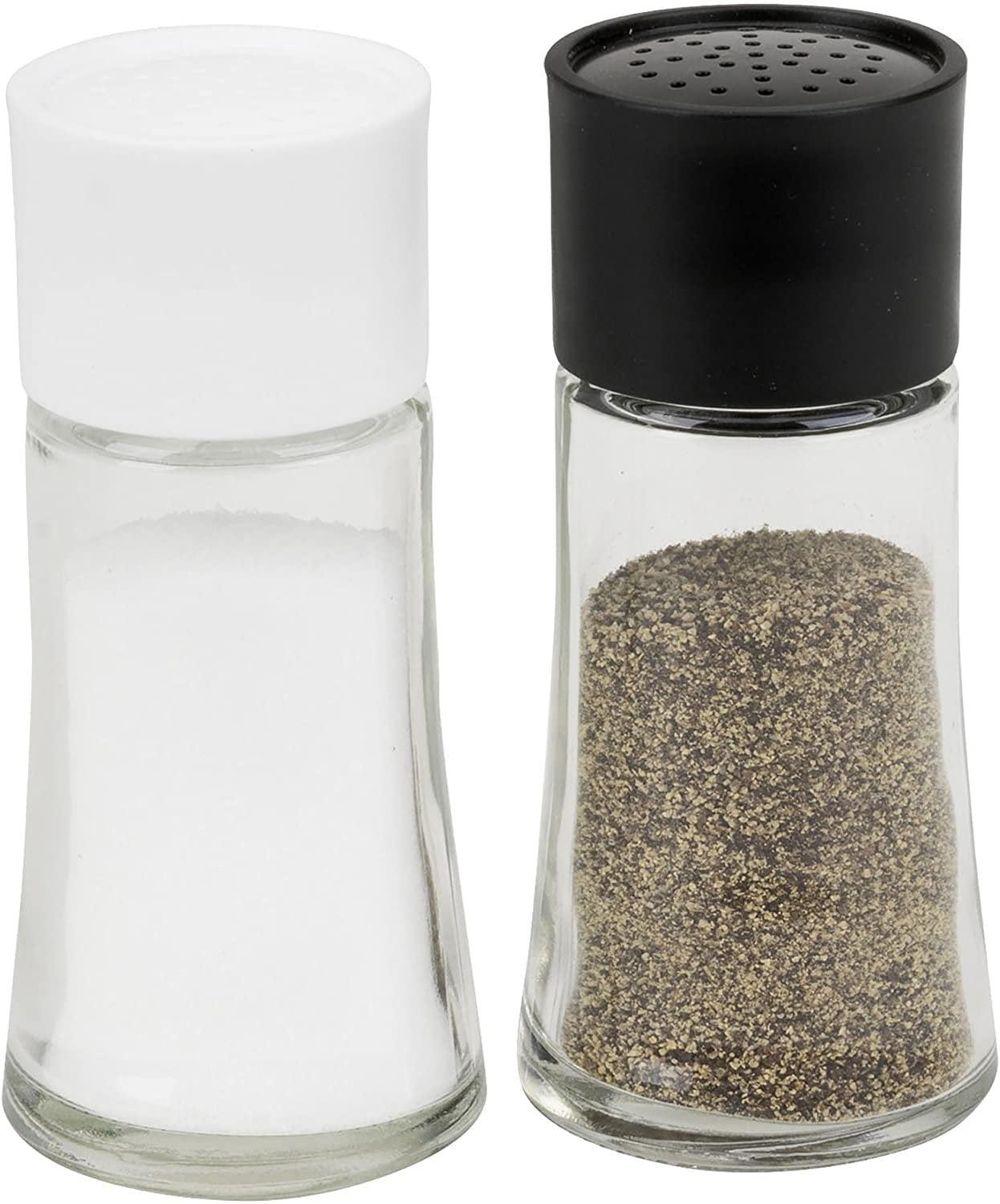 Clear Glass Salt and Pepper Shaker Set with Black and White Caps