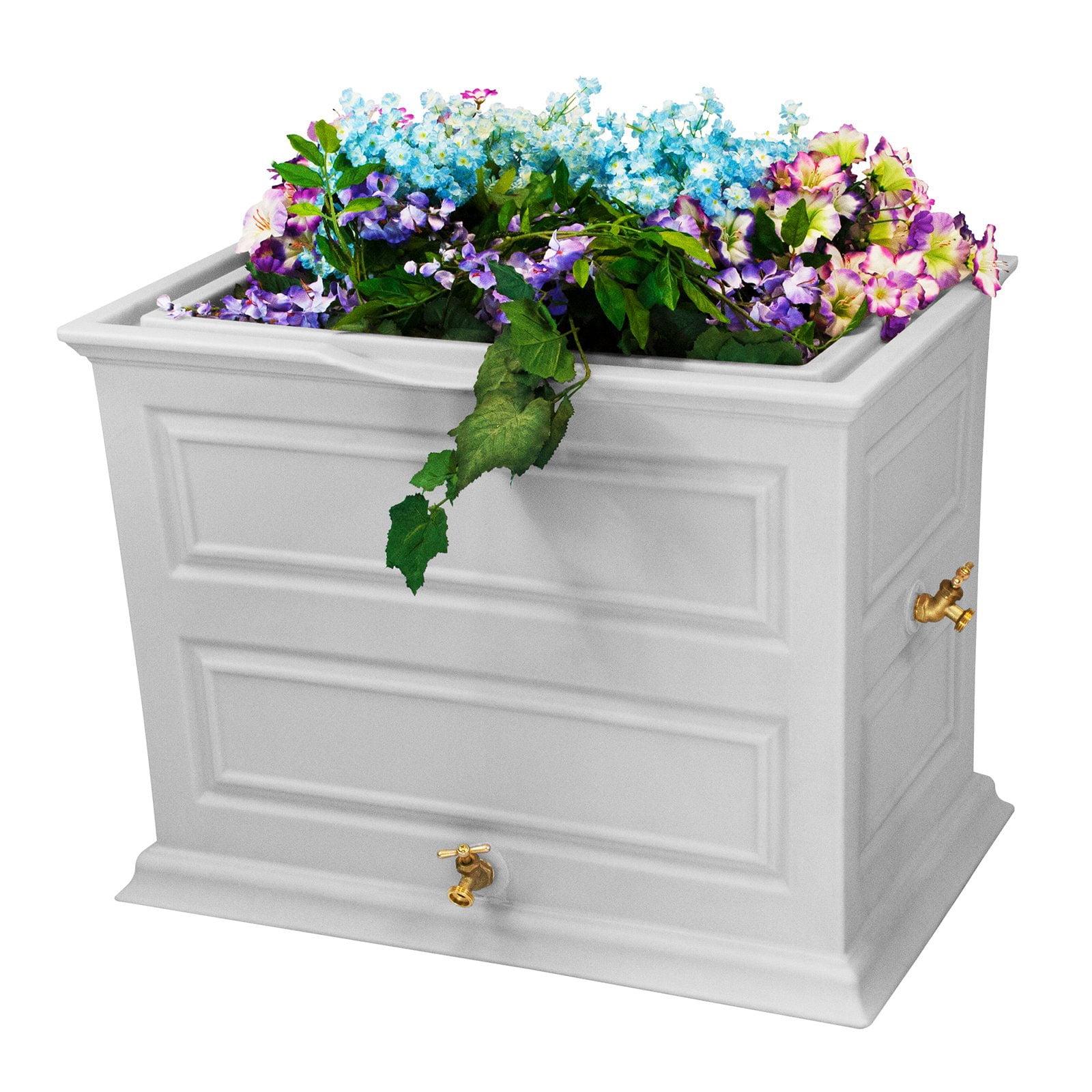 Good Ideas Savannah Colonial Style 42 Gallon Rain Saver Barrel with Self-Draining Garden Planter and Brass Spigots, Light Gray