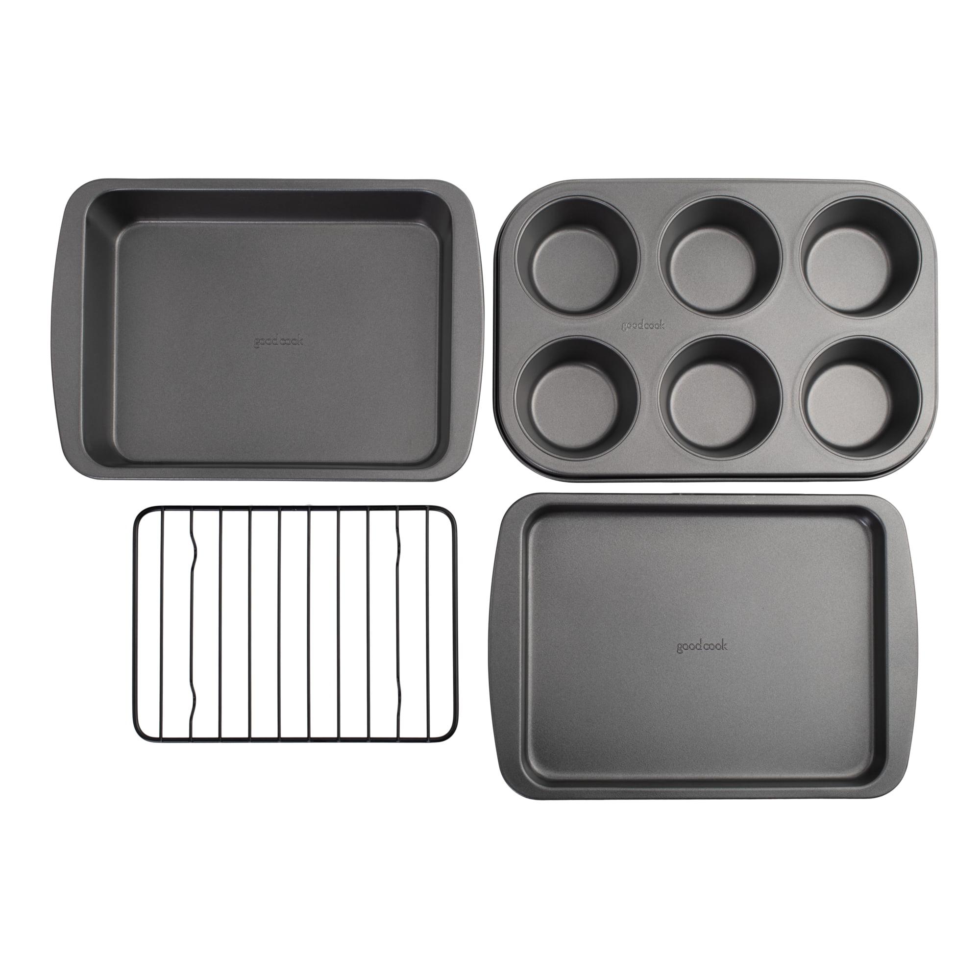 GoodCook 4-Piece Nonstick Steel Toaster Oven Set with Sheet Pan, Rack, Cake Pan, and Muffin Pan, Gray