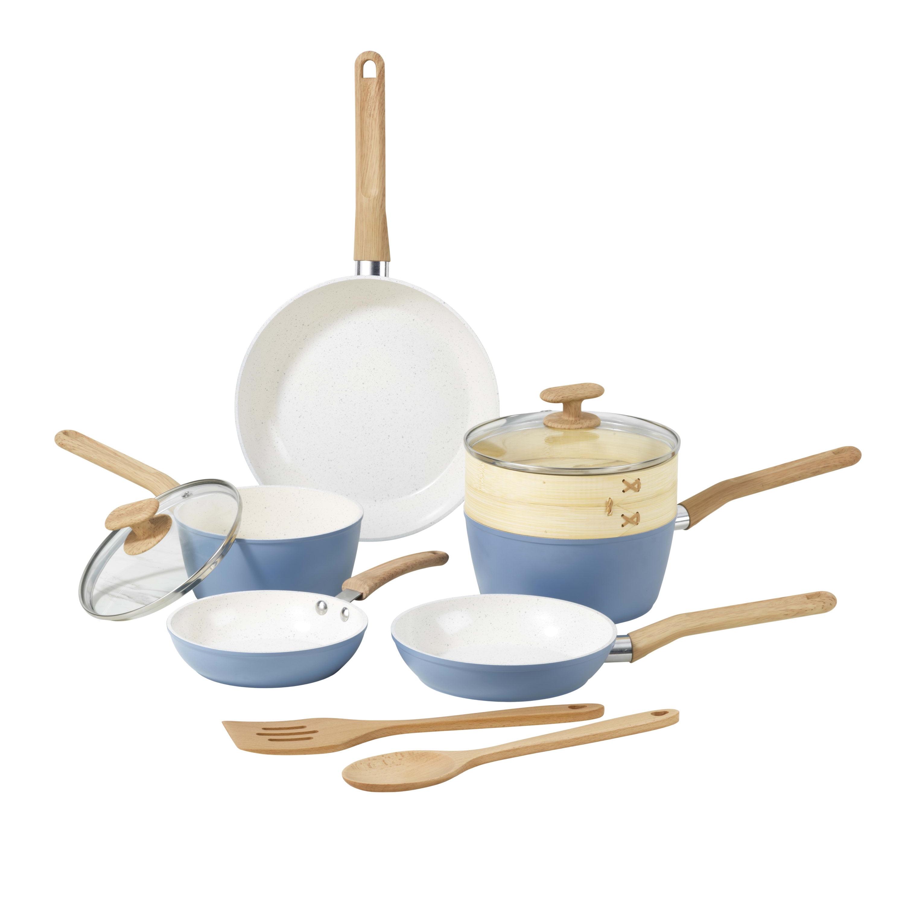 Light Blue 10-Piece Ceramic Nonstick Cookware Set with Wood Handles