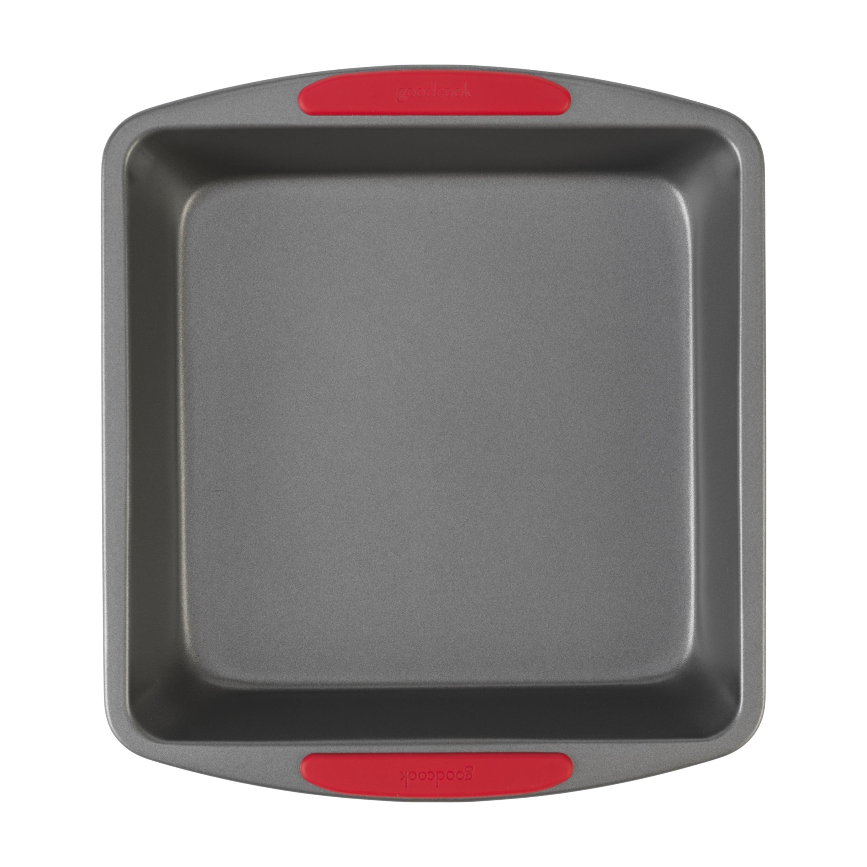 8" Gray Nonstick Square Cake Pan with Red Silicone Grips