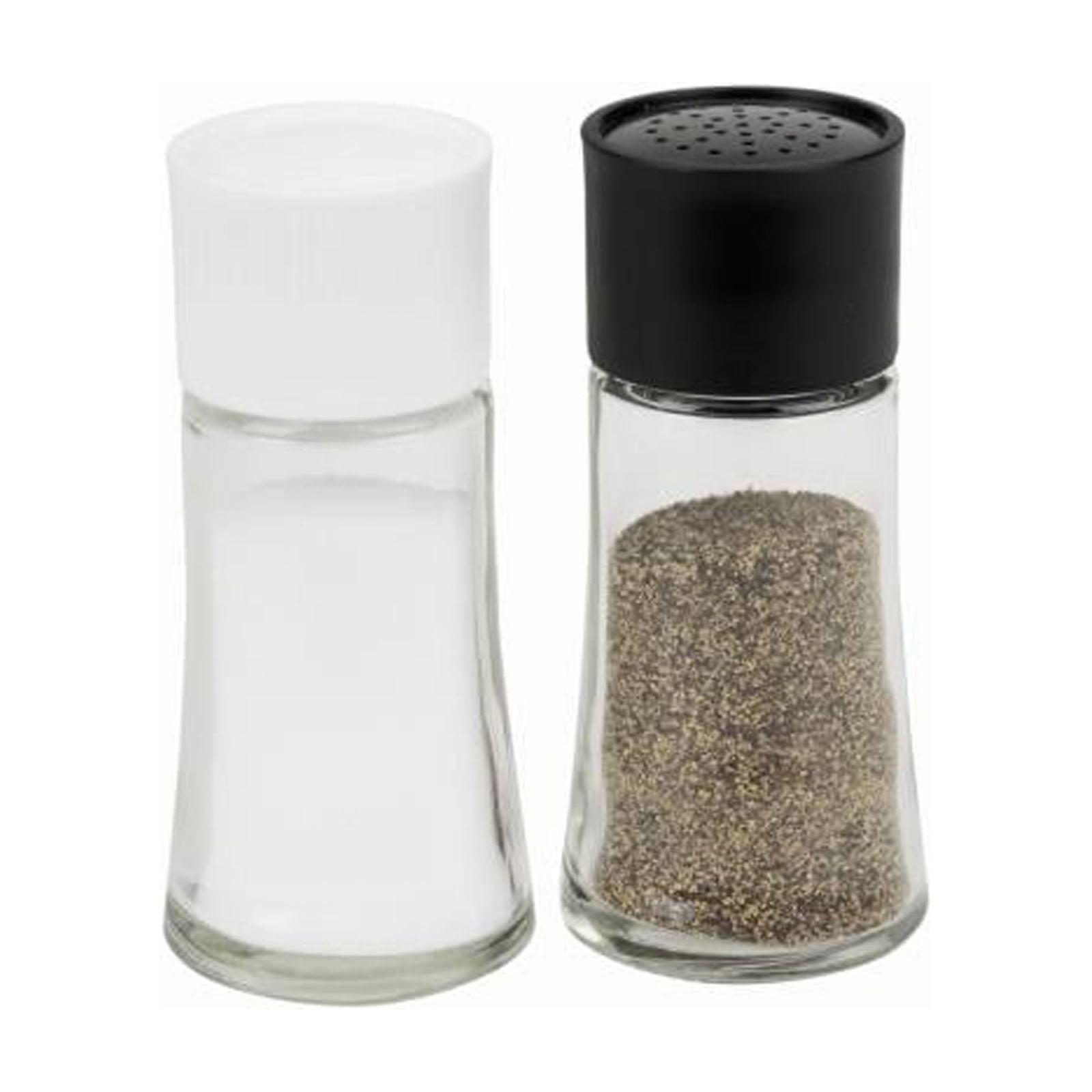 Clear Glass Salt and Pepper Shaker Set with Black and White Caps