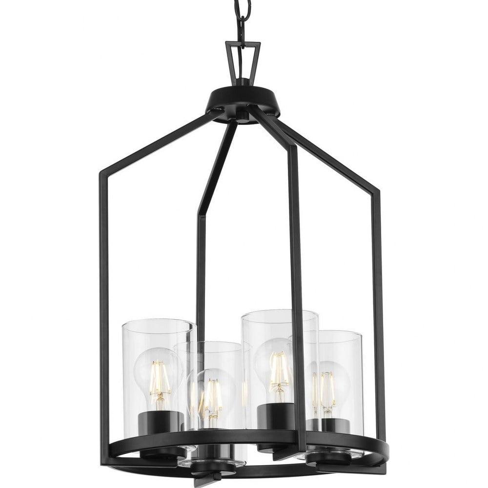 Progress Lighting Goodwin 4-Light Hall & Foyer Light, Matte Black, Linen Shade