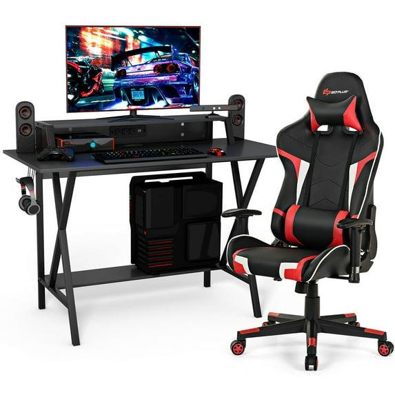 Goplus Gaming Computer Desk&Massage Gaming Chair Set w/Monitor Shelf Power Strip Red