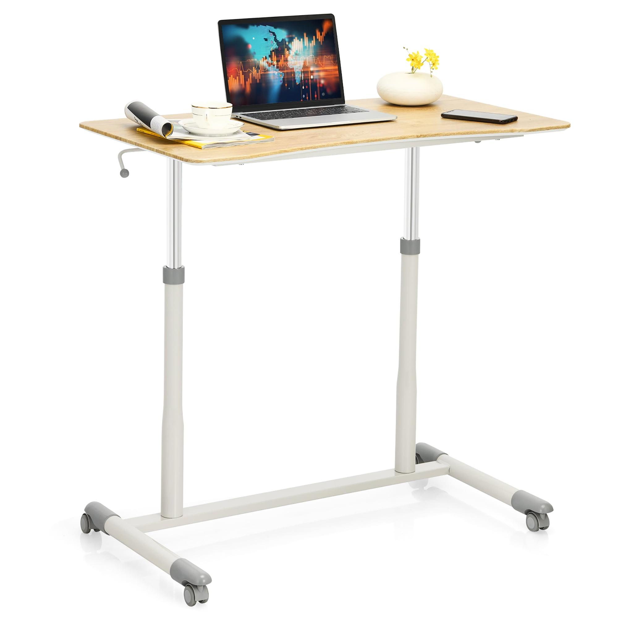 Adjustable Natural Wood and Metal U-Shaped Desk with Wheels