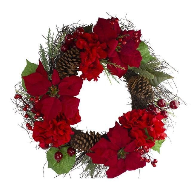 Northlight Seasonal Red Poinsettia and Hydrangea Flowers with Berries Artificial Christmas Wreath - 24-Inch Unlit