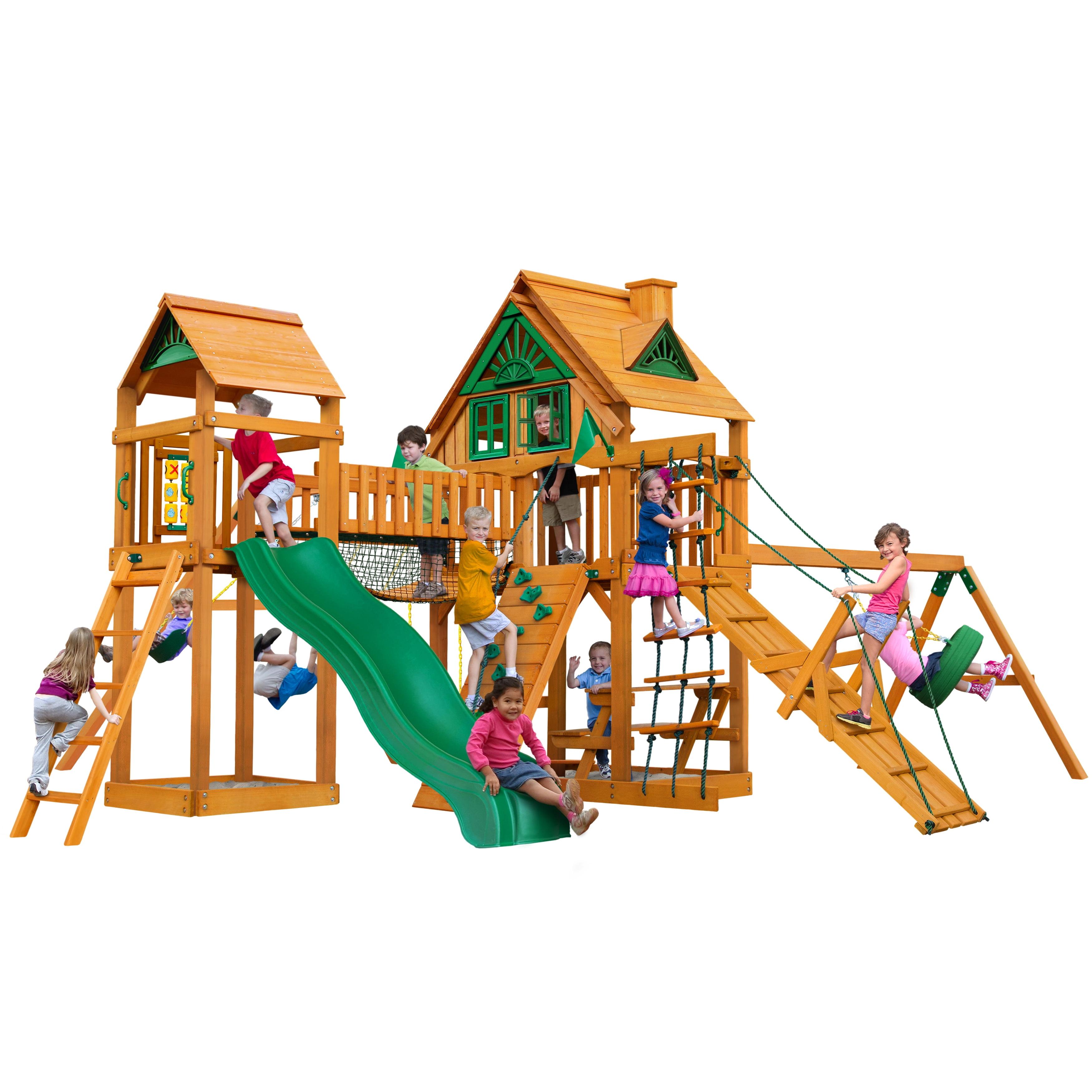 Pioneer Peak Cedar Treehouse Swing Set with Slide and Bridge