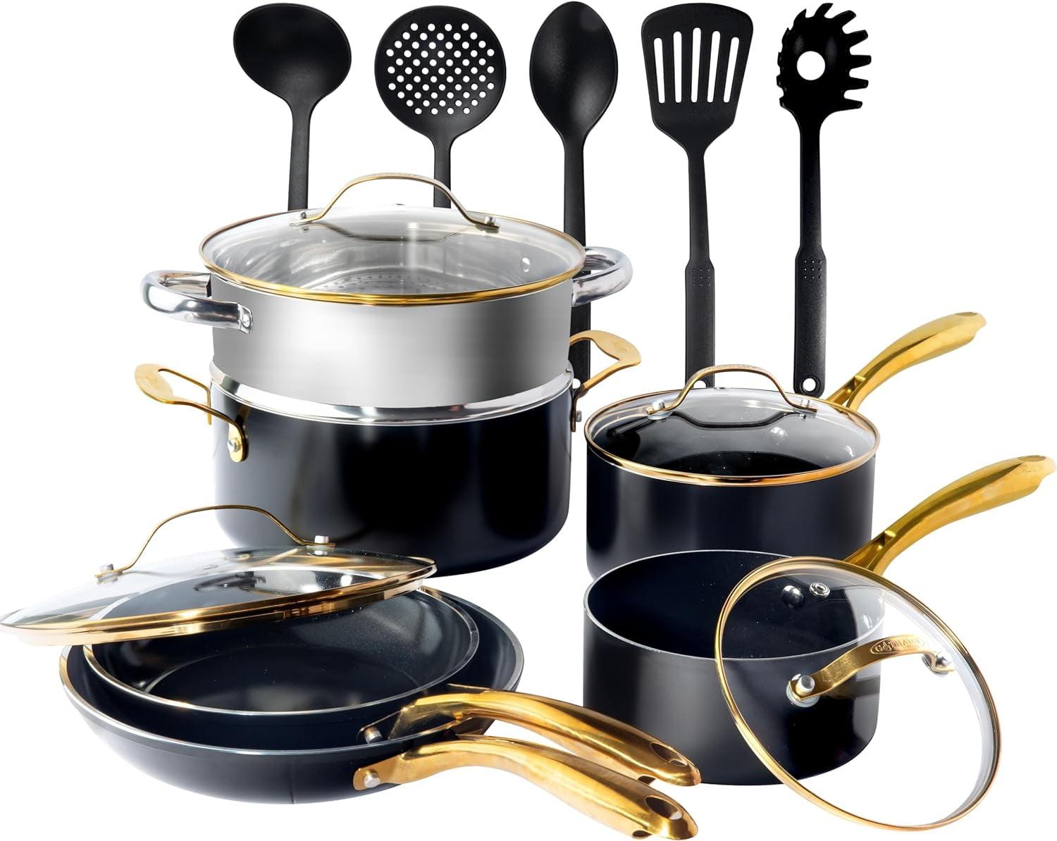 Gotham Steel Black 15-Piece Ultra Nonstick Ceramic Cookware Set with Utensils