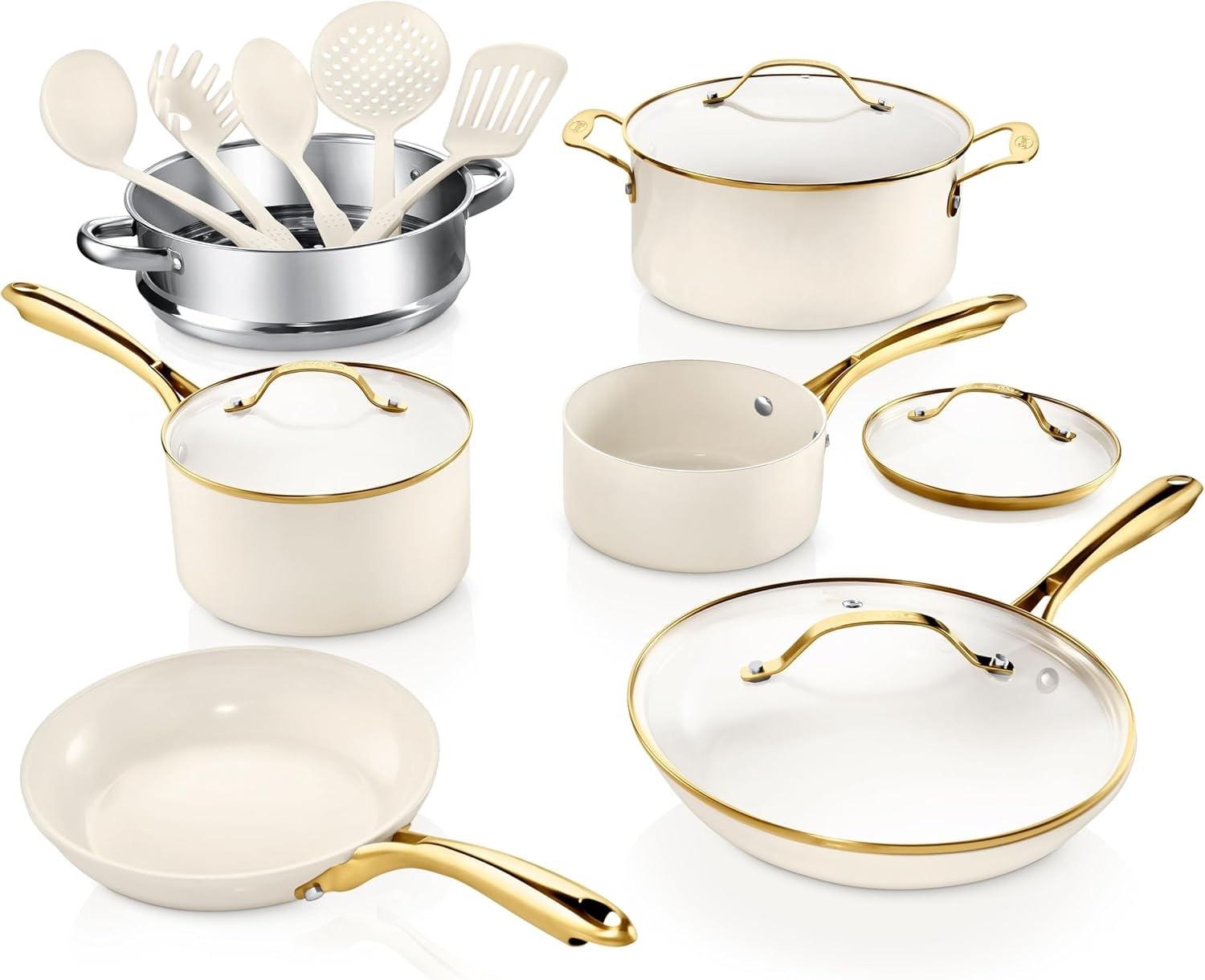 Cream and Gold 15-Piece Nonstick Ceramic Cookware Set