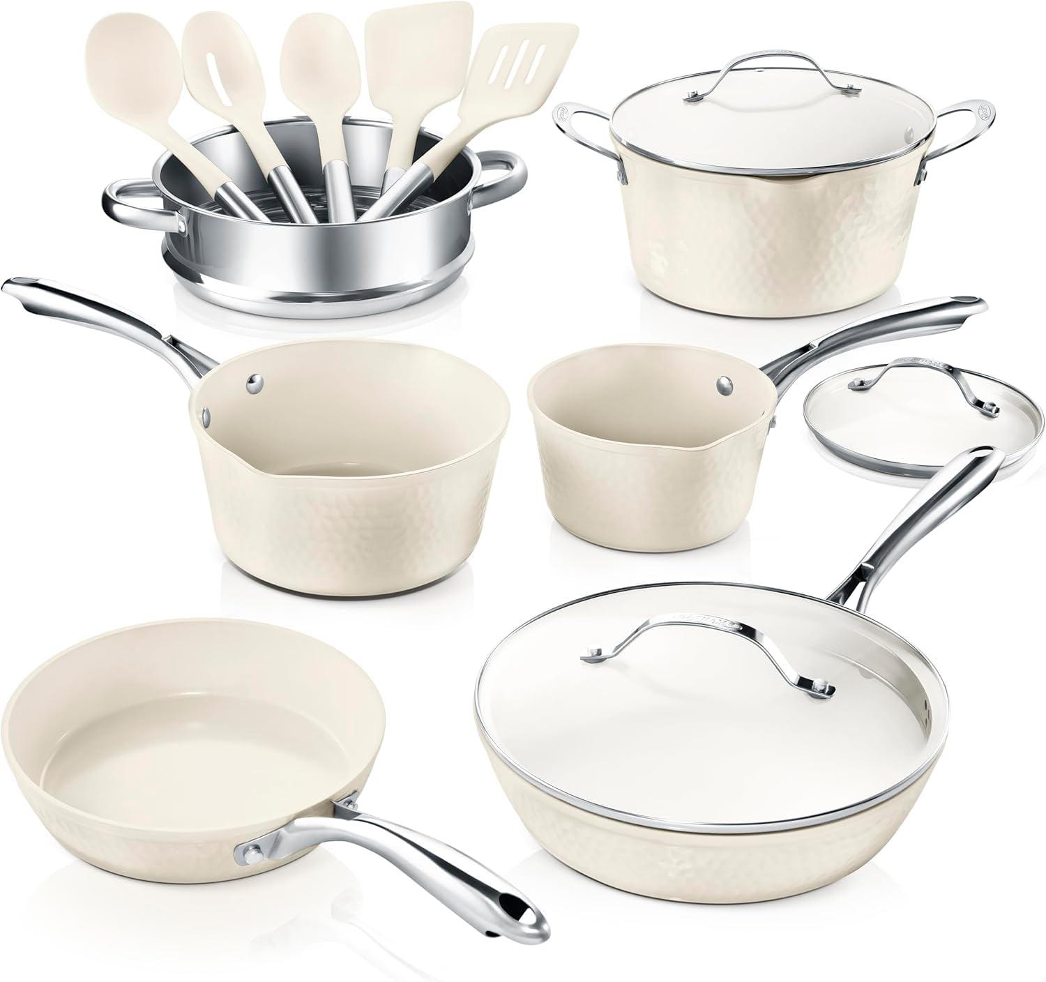 Gotham Steel Hammered Cream 15-Piece Ultra Ceramic Nonstick Cookware Set with Utensils