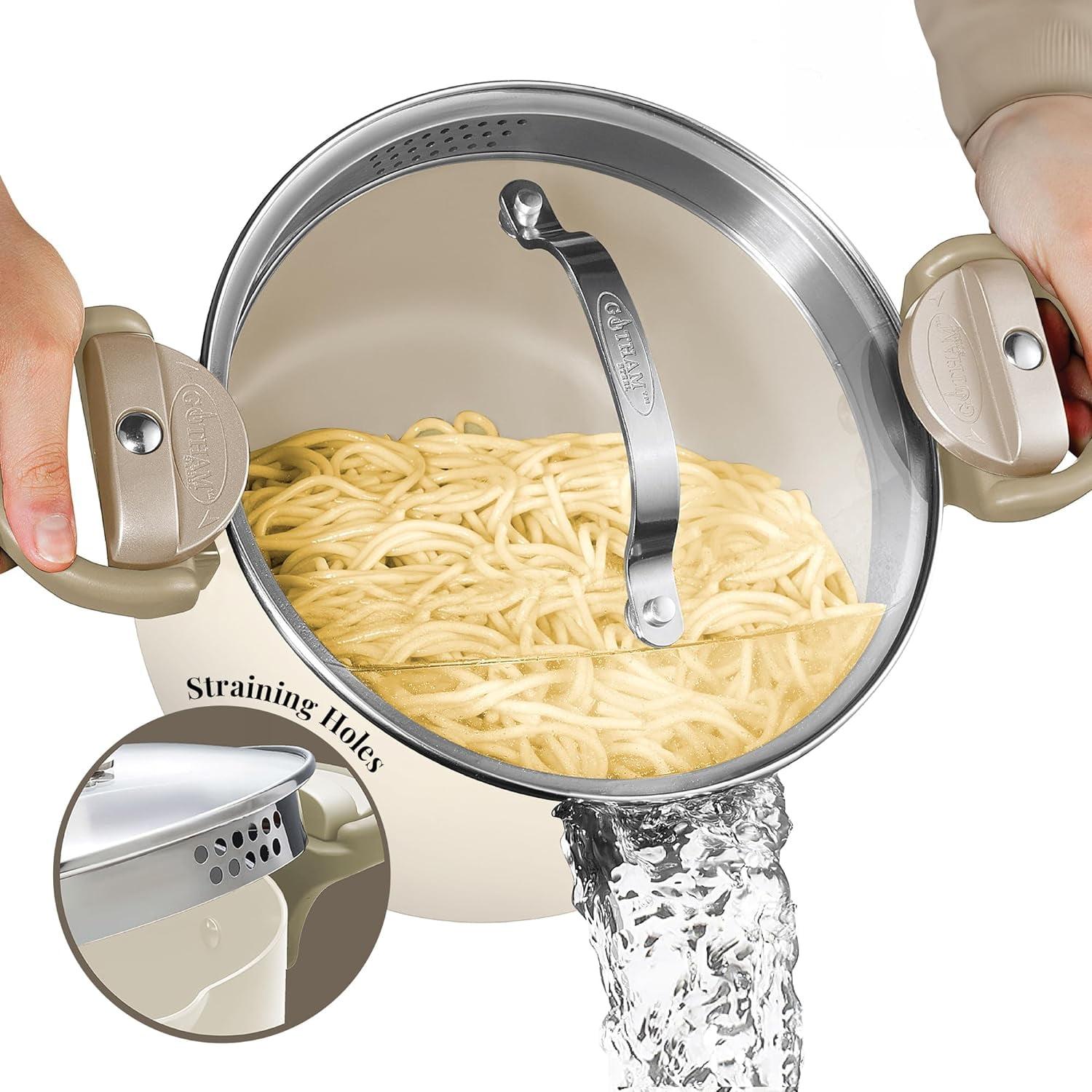 Cream Aluminum 5 Qt Nonstick Pasta Pot with Strainer Lid