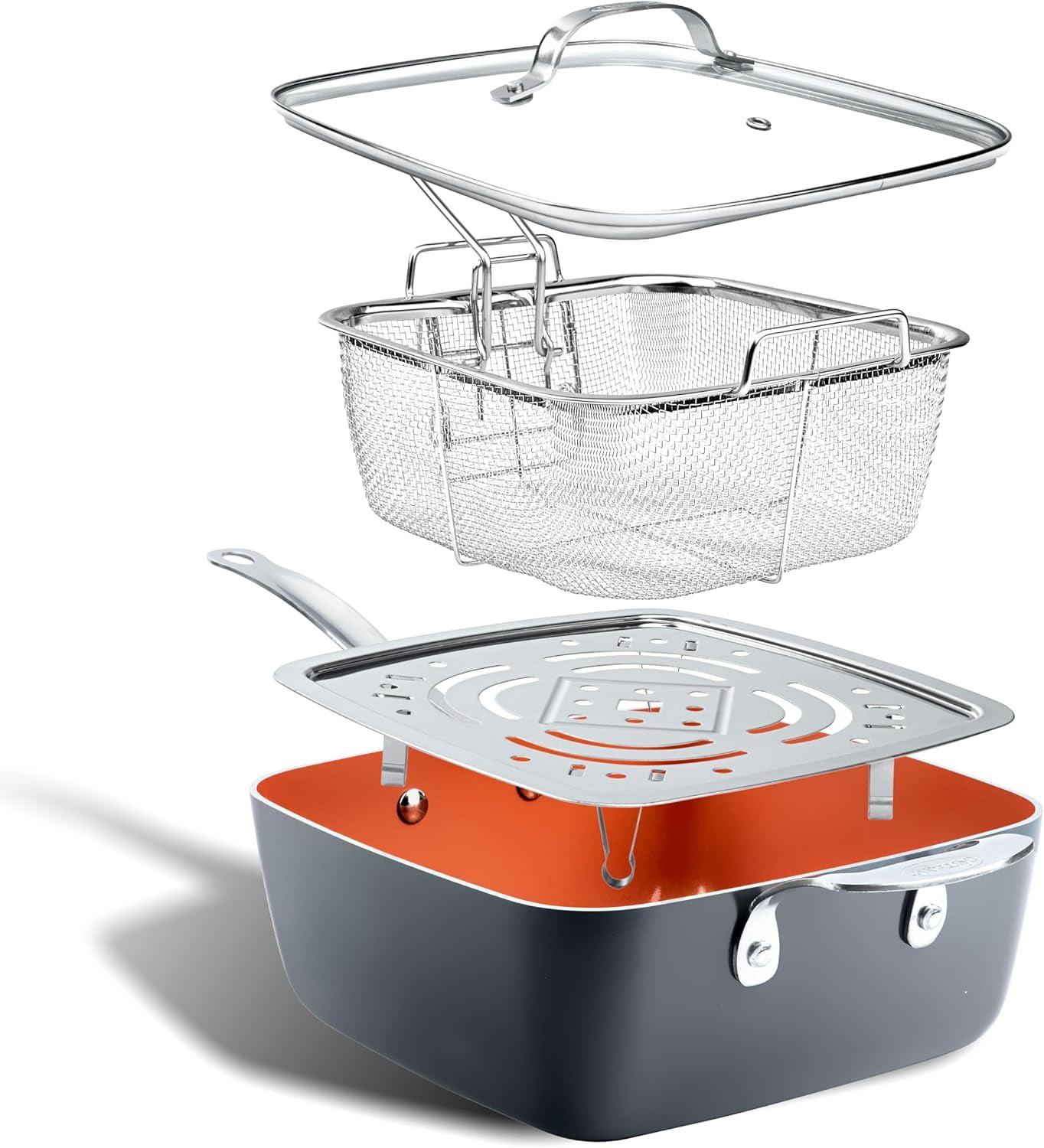 Gotham Steel Gotham Steel 9.5" Deep Squre Nonstick Pan with Steamer Tray, Fry Basket and Glass Lid