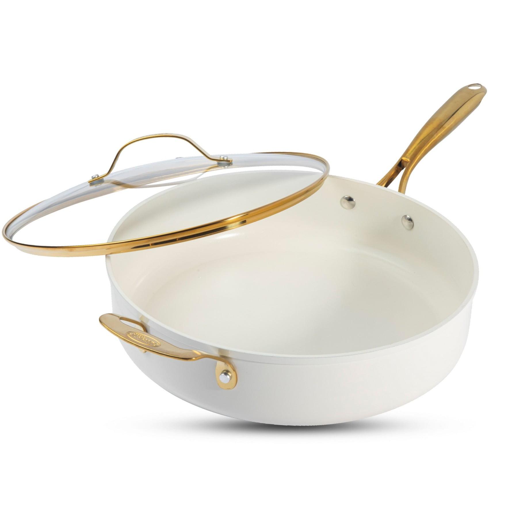 Gotham Steel Cream Ultra Nonstick Ceramic 5.5 Qt Jumbo Cooker Pan with Lid and Gold Handles