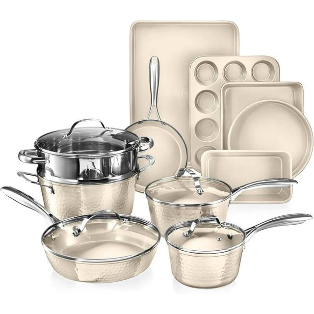Gotham Steel Gotham Steel Hammered Cream 15 Piece Ultra Ceramic Nonstick Cookware Set With Bakeware