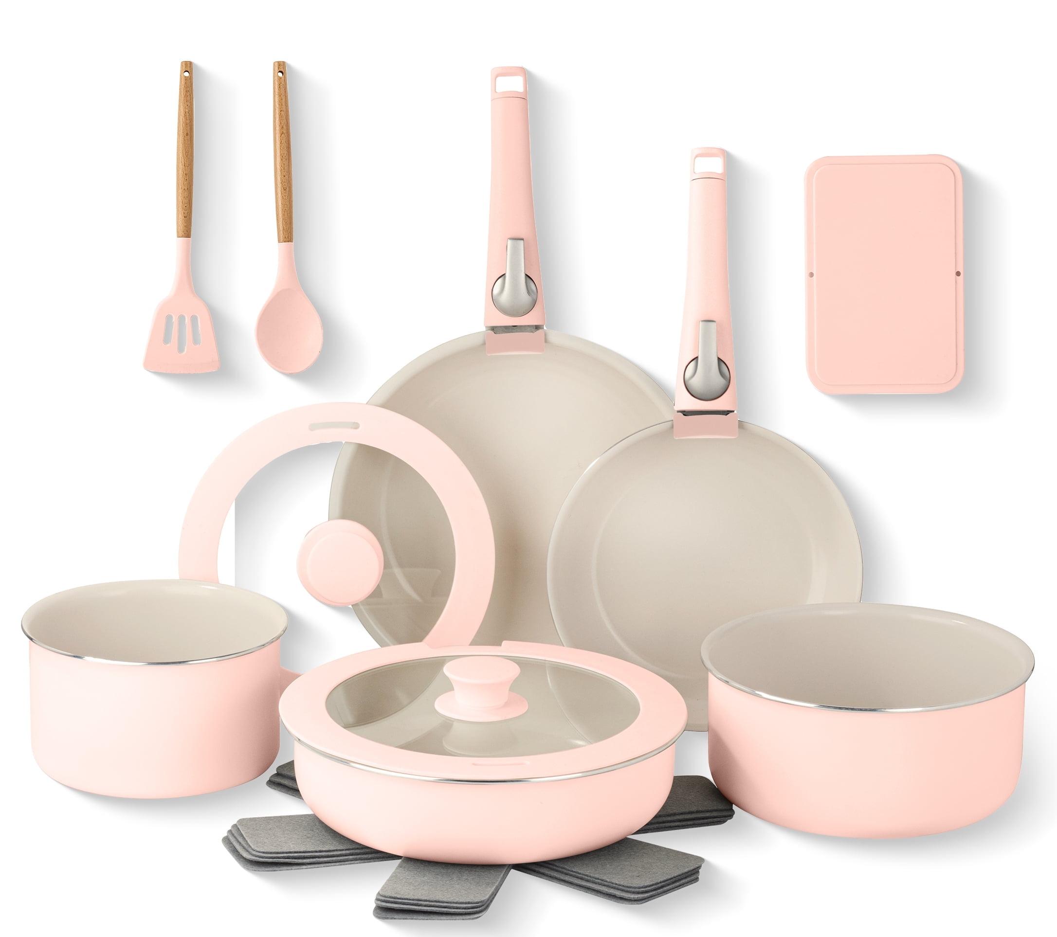 Gotham Steel Nonstick Pots and Pans 18 Piece Ceramic Induction Cookware Kitchen Set Detachable Handles Frying Skillet Pink