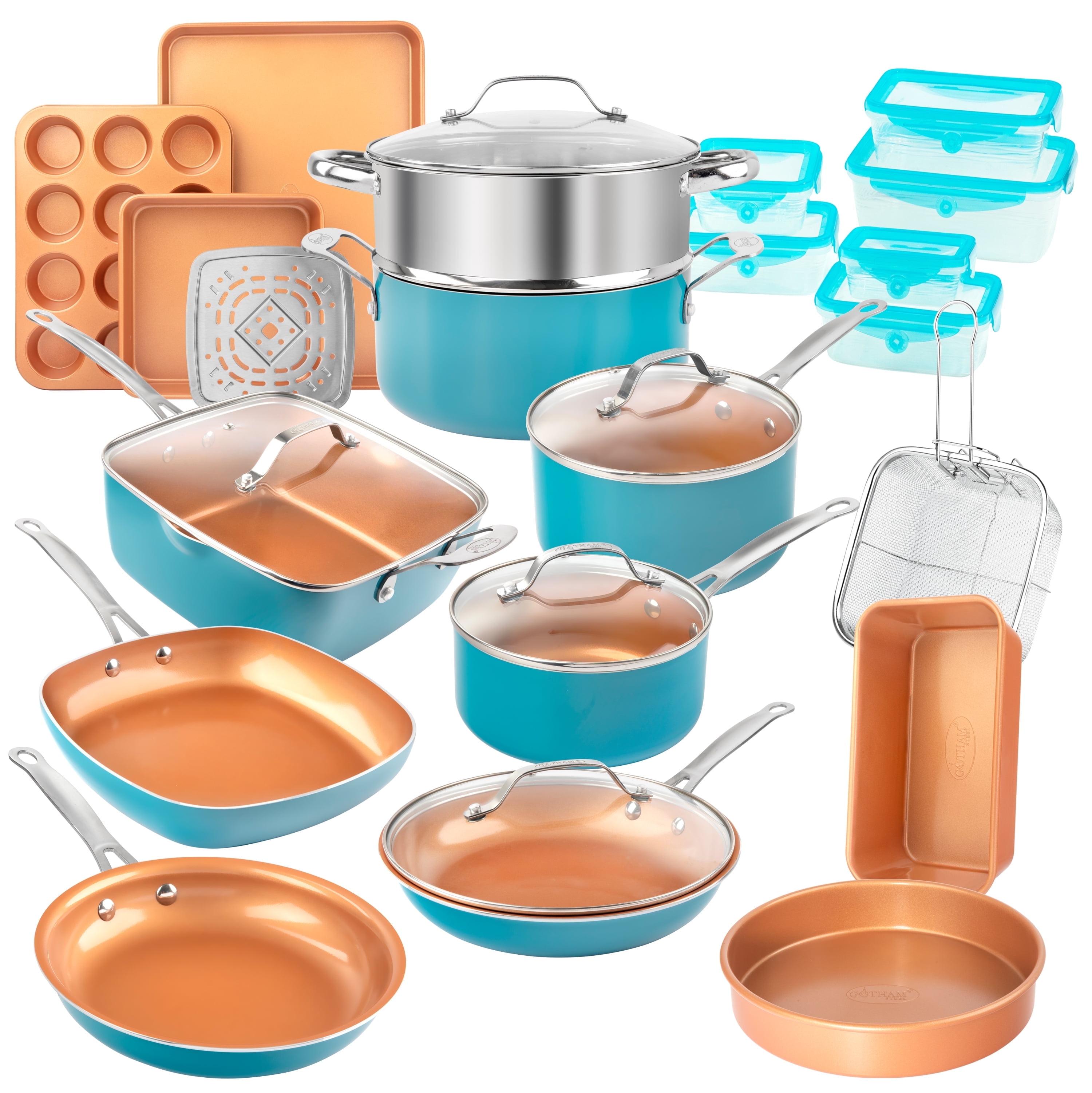 Gotham Steel 32 Pcs Cookware Set Bakeware and Food Storage Set Nonstick Pots and Pans Set Blue