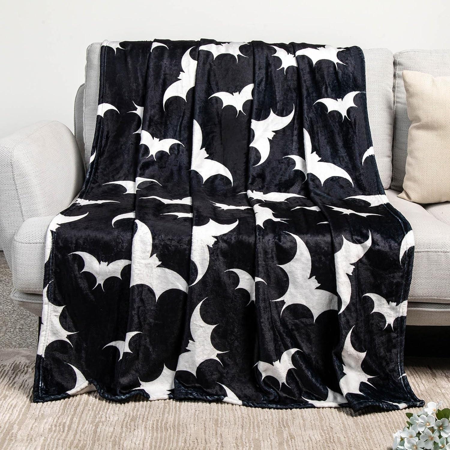 Gothic Black and White Bat Flannel Throw Blanket 60" x 50"