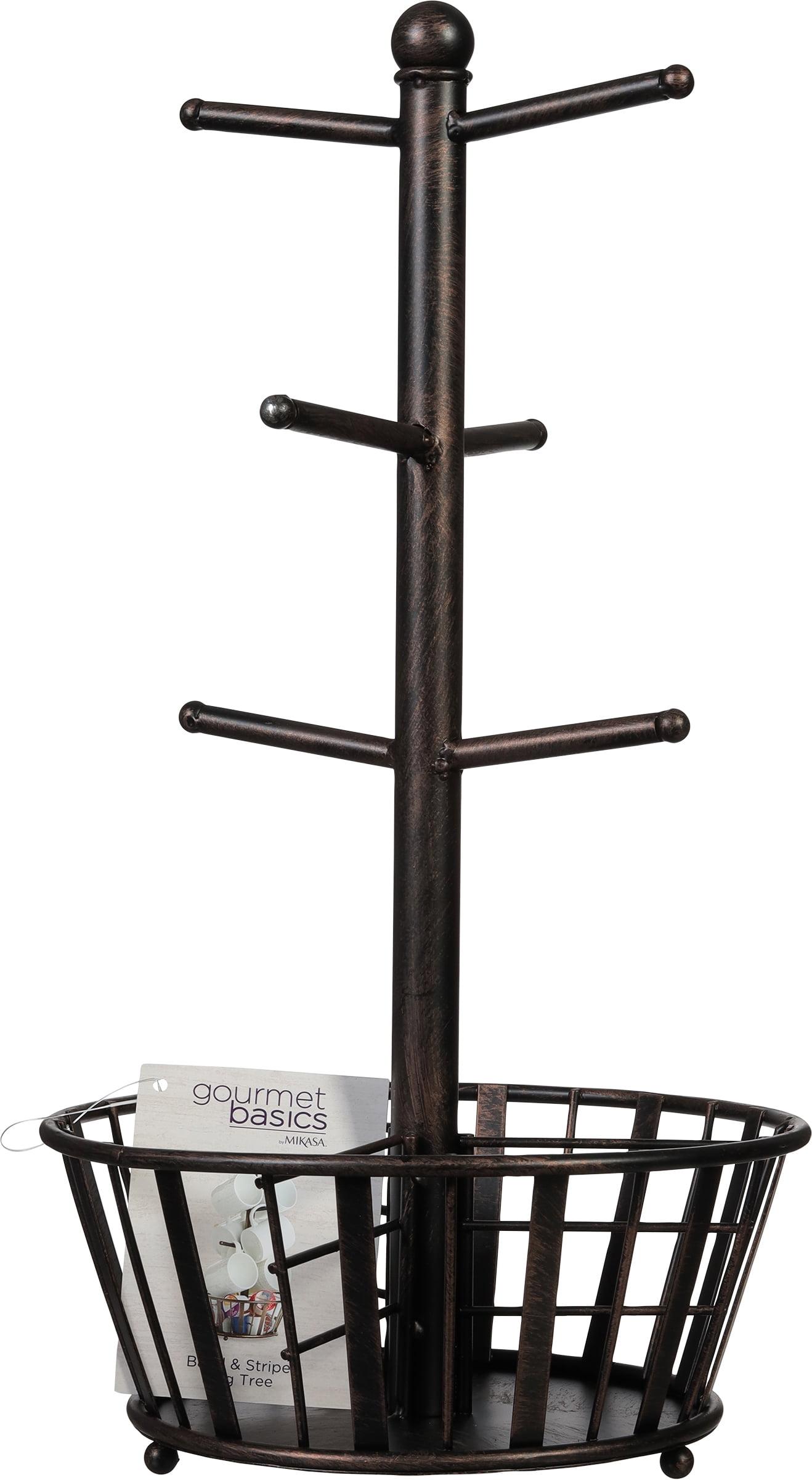 Black Wrought Iron 6-Cup Mug Tree with Storage Basket