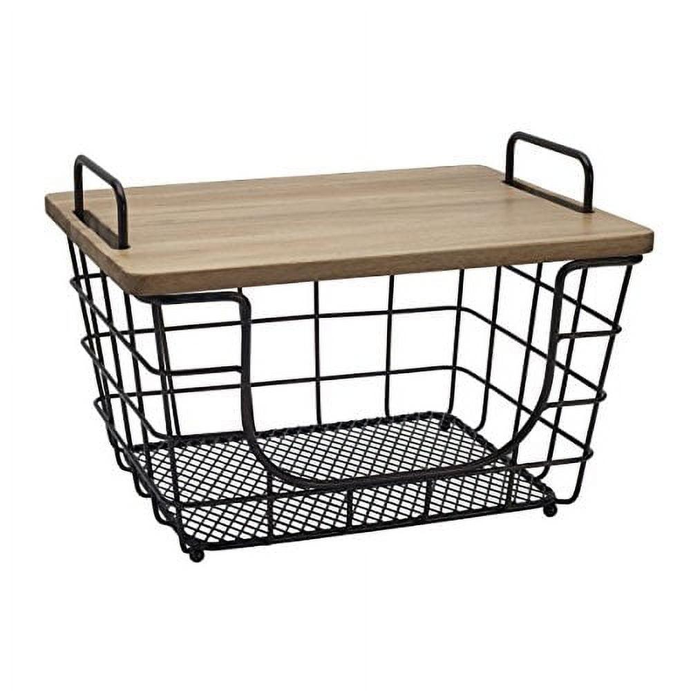 Madam Black Metal Rectangular Storage Baskets with Acacia Lid