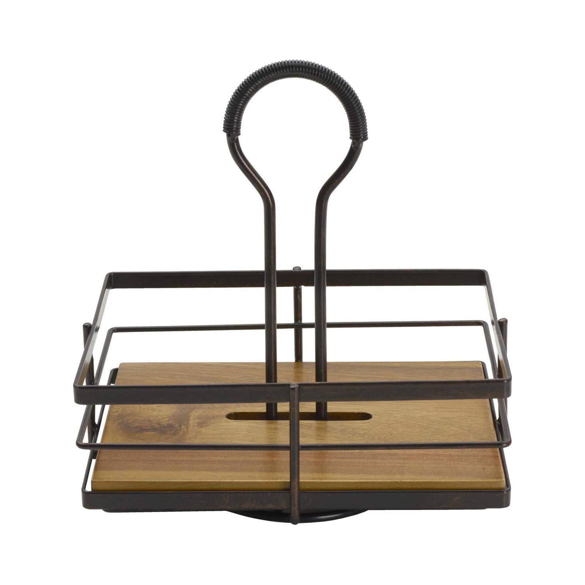 Acacia Wood and Black Iron Rotating Condiment Caddy