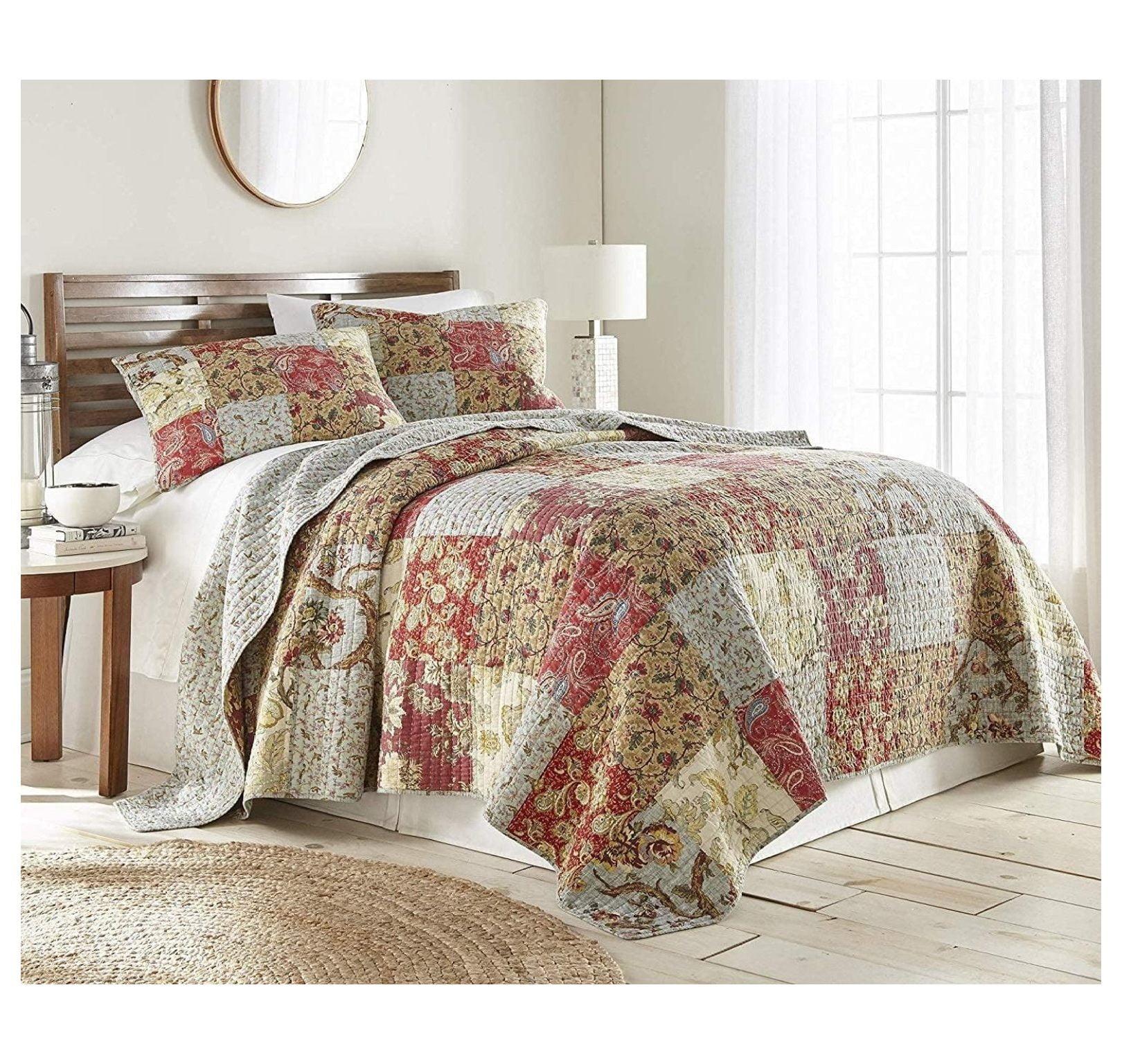 Leslie King Brown Cotton Reversible Patchwork Quilt Set