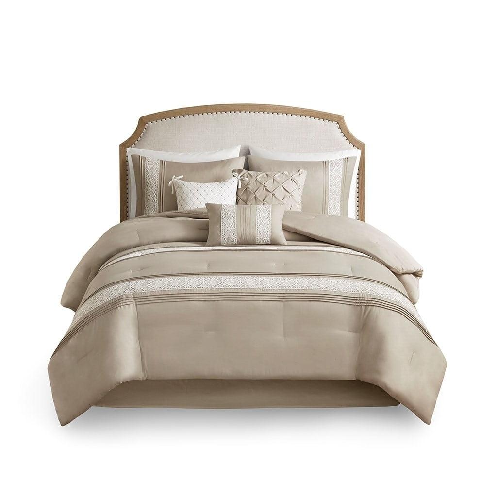 Taupe Queen Microfiber Comforter Set with Lace Trim