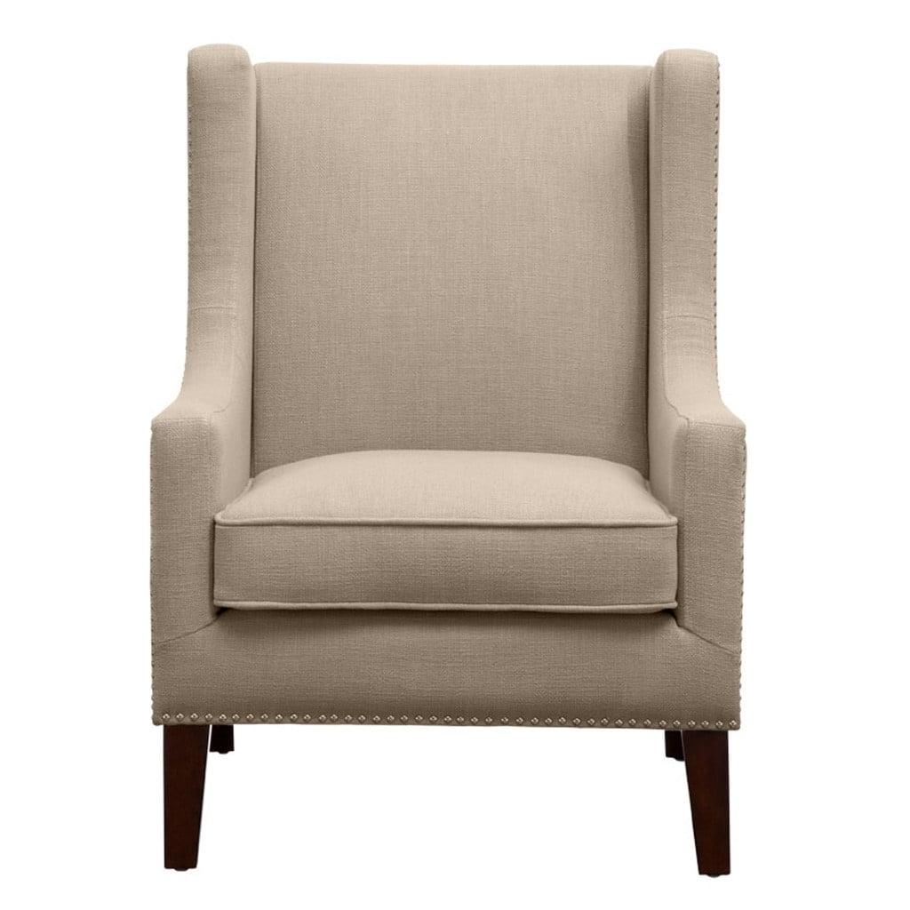 Linen Beige Wingback Chair with Nailhead Accents