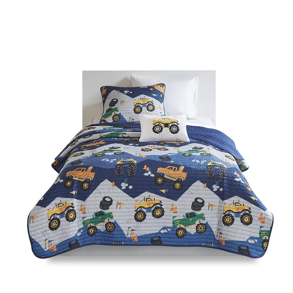 Blue Reversible Monster Truck Kids Full Quilt Set