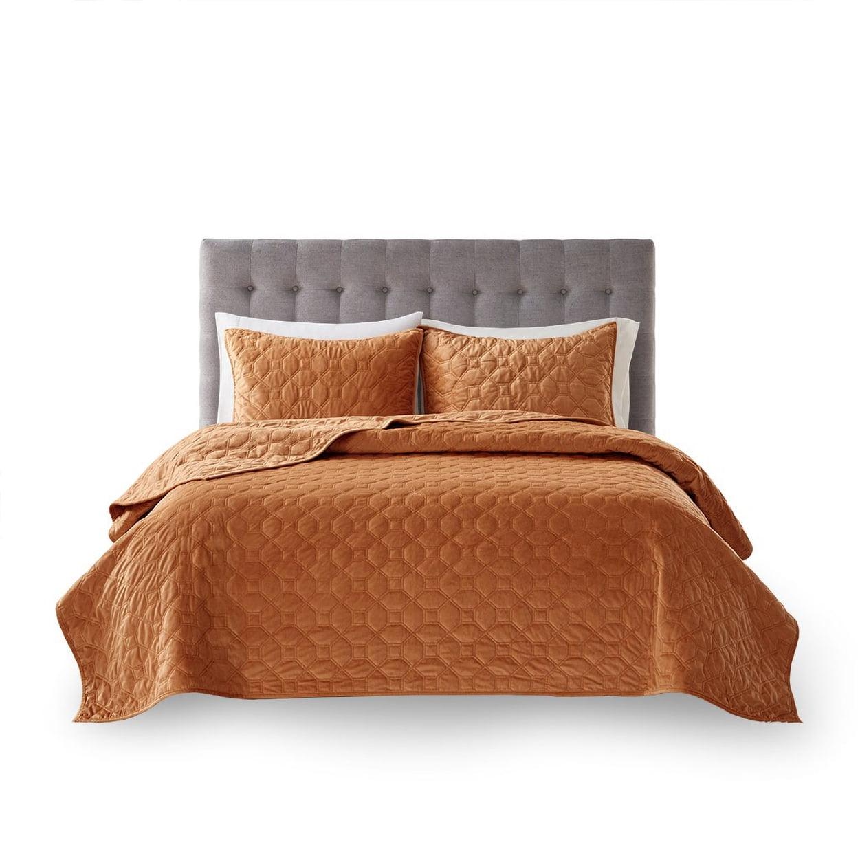 Rust Full/Queen Velvet Geometric Quilt Set