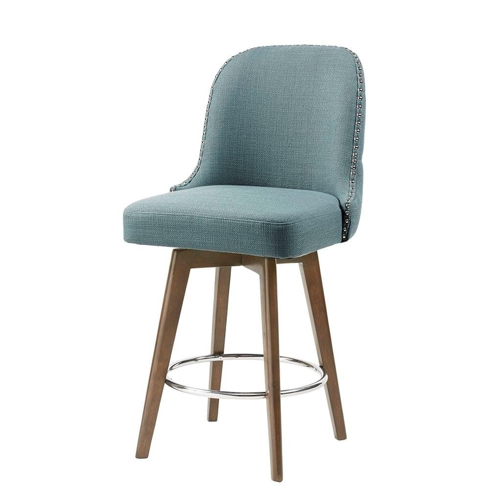 Elegant Blue Swivel Counter Stool with Walnut Wood Finish