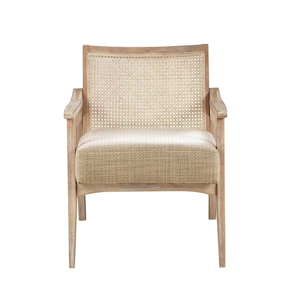 Reclaimed Wood Cane Back Accent Chair with Upholstered Seat