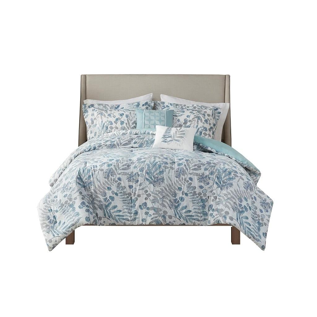 Full Blue Microfiber Seersucker Comforter Set with Throw Pillows