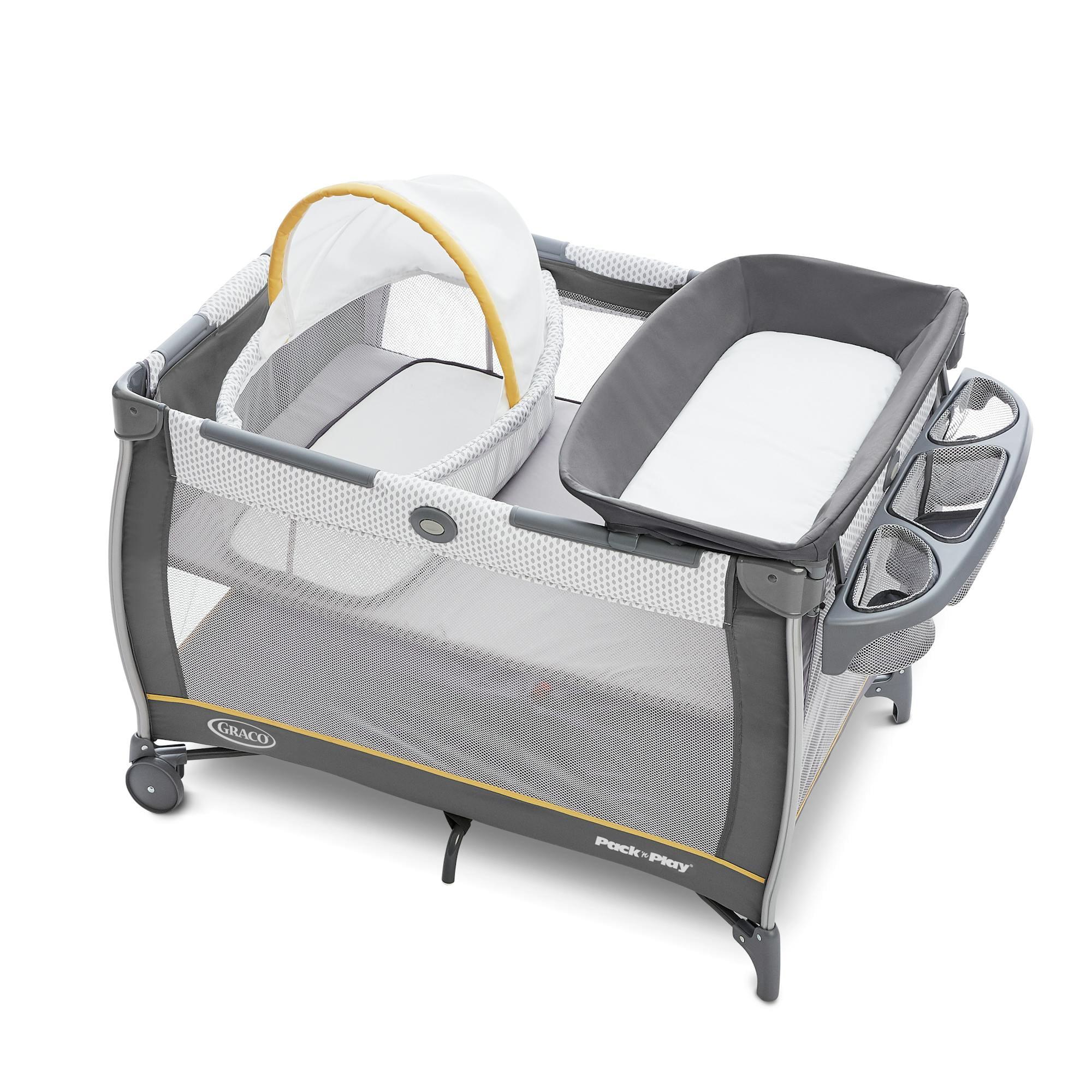 Gray and White Portable Bassinet Playard with Storage