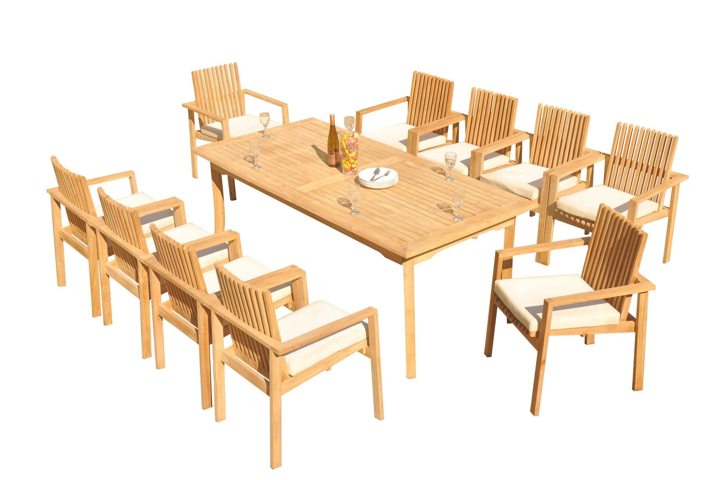 Natural Teak 10-Person Outdoor Dining Set with Rectangle Table and Stacking Arm Chairs