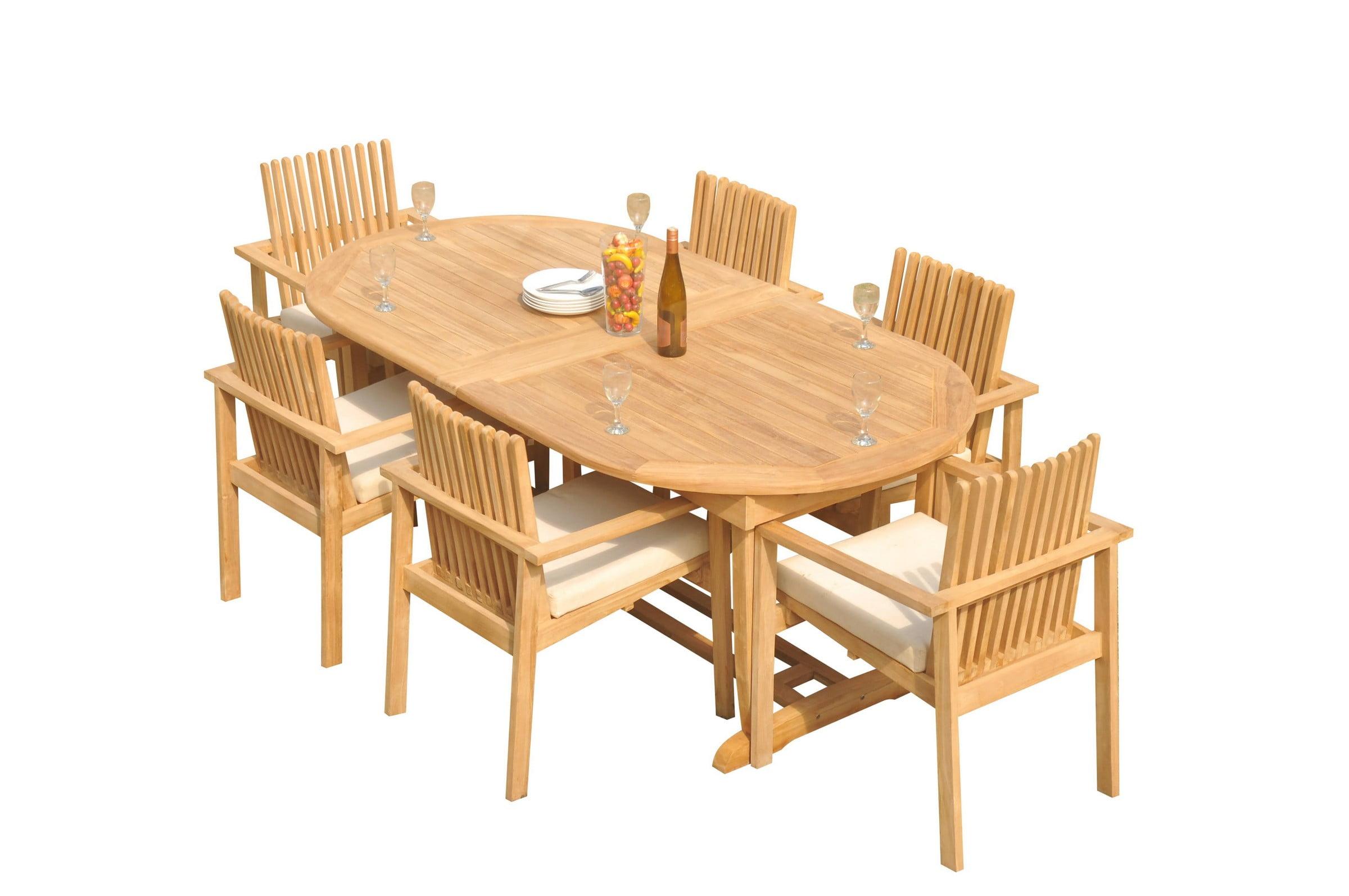 7-Piece Brown Teak Oval Outdoor Dining Set with Stackable Chairs